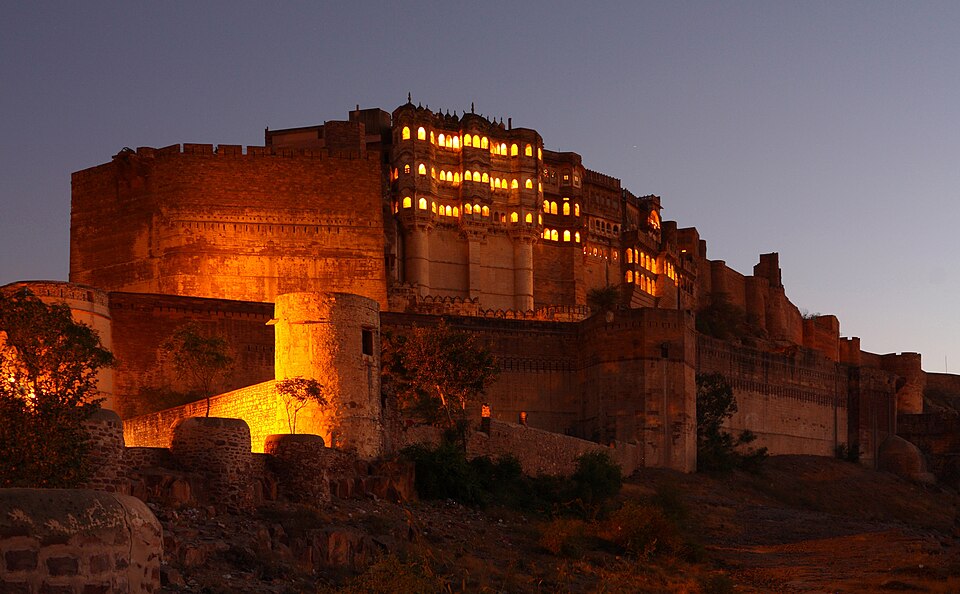 Mehrangarh Fort illuminated at dusk